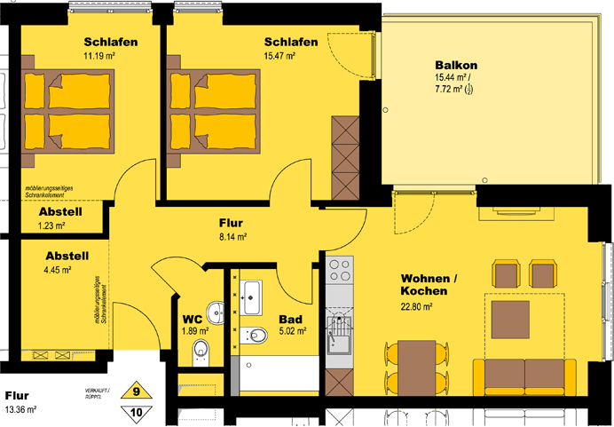 Grundriss mit Beschriftung der Ferienwohnung 4.09 der Residenz Hohe Lith in Cuxhaven